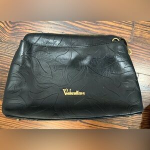 Valentina Designer Black Leather Floral Embossed Bag Made In Italy EUC No Strap